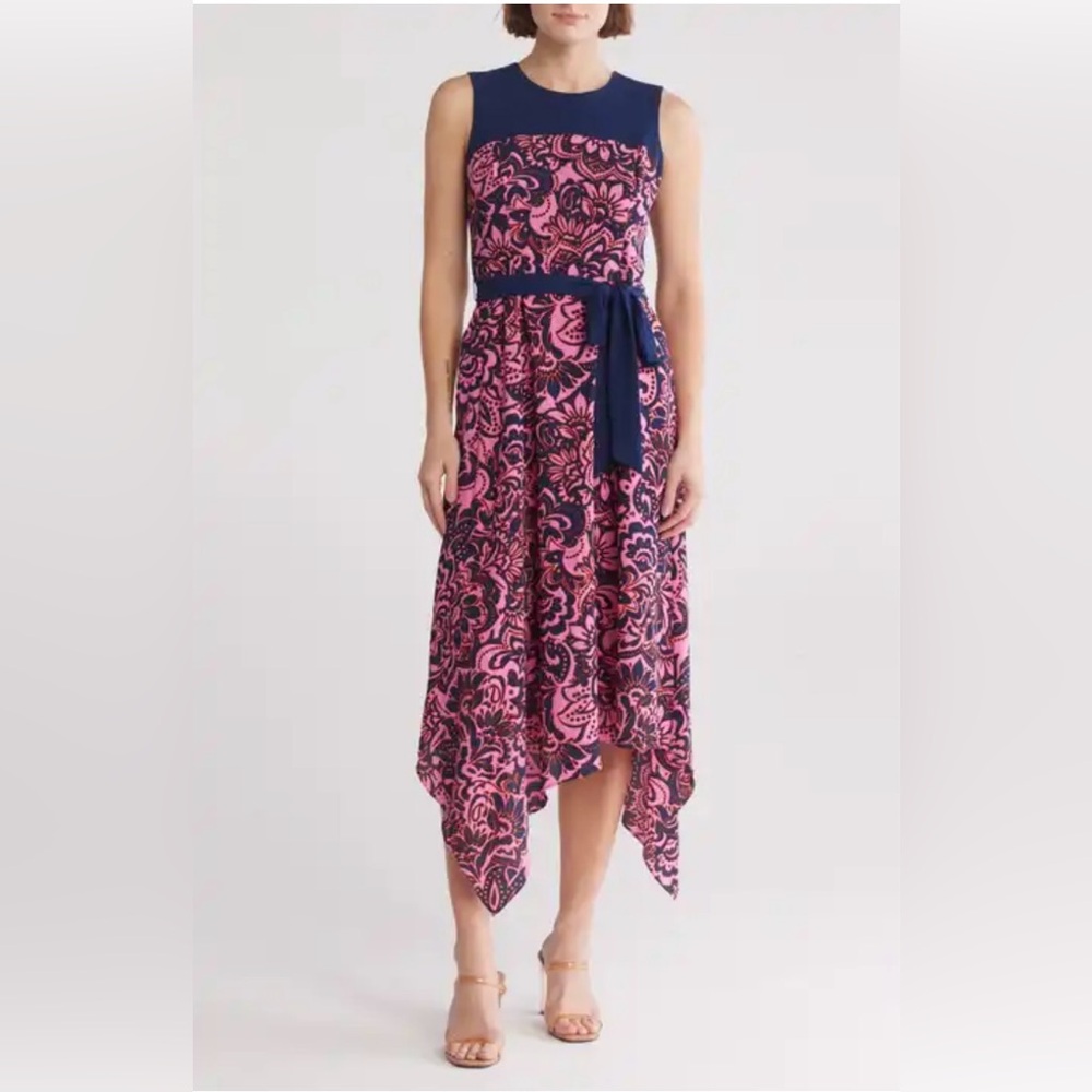 Vince Camuto Blue Pink Floral  Asymmetrical Hankerchief Dress. Size 12 NWT